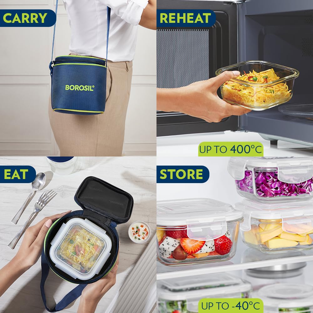 Borosil Klip n Store Lunchbox with Bag | Set of 2 Square Container (320ml Each) | Made in India Borosilicate Glass | Microwave & Dishwasher Safe | Tiffin for Office/School/College | Vertical