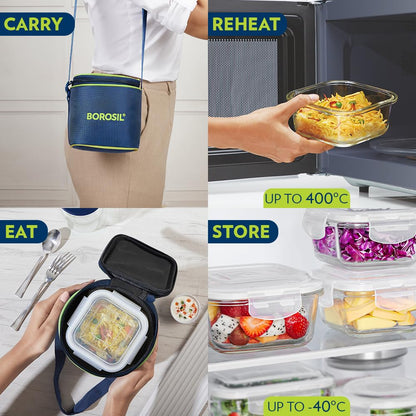 Borosil Klip n Store Lunchbox with Bag | Set of 2 Square Container (320ml Each) | Made in India Borosilicate Glass | Microwave & Dishwasher Safe | Tiffin for Office/School/College | Vertical