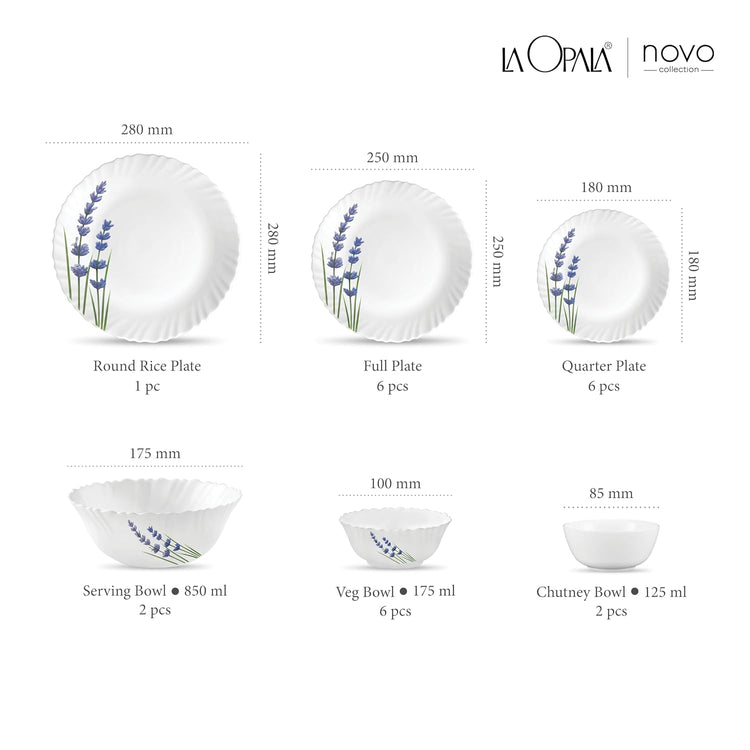La Opala Novo Collection Opal Glass Crockery | for Family of 6 | Dinner Set 23 pcs English Lavender | Plates & Bowls for Dining | Microwave Safe | 100% Vegetarian | Extra Strong | Light & White