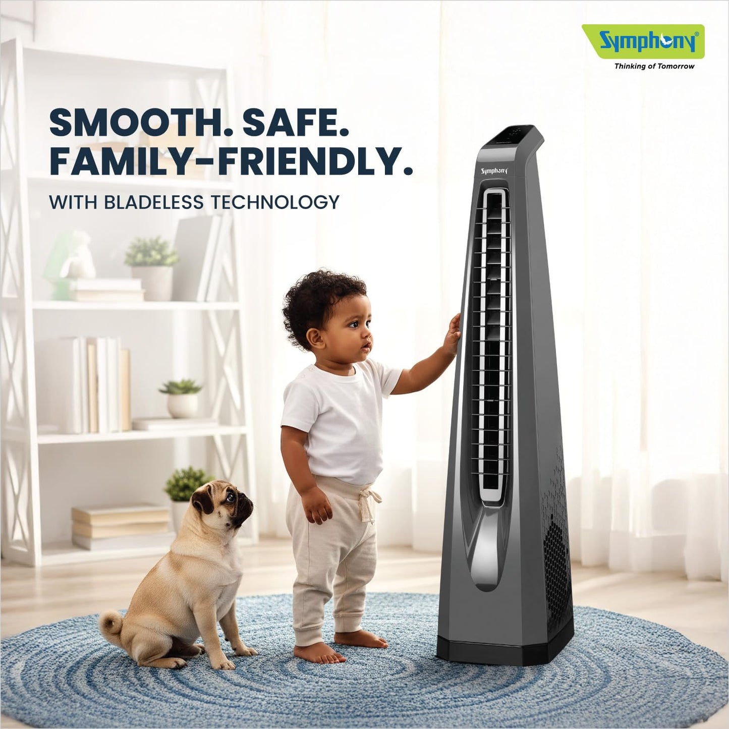 Symphony Surround-i Bladeless Tower Fan for Room | High-Speed with Swivel Action, Touchscreen Control Panel & Remote | 1 Year Warranty | Grey