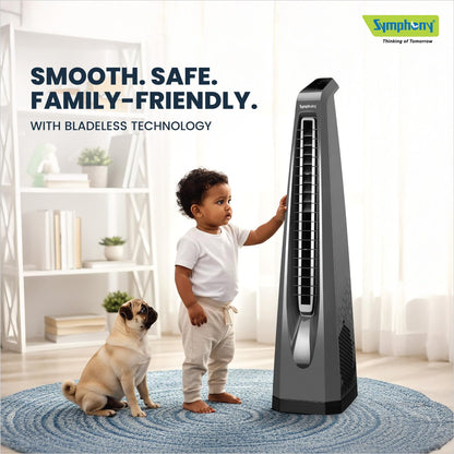 Symphony Surround-i Bladeless Tower Fan for Room | High-Speed with Swivel Action, Touchscreen Control Panel & Remote | 1 Year Warranty | Grey