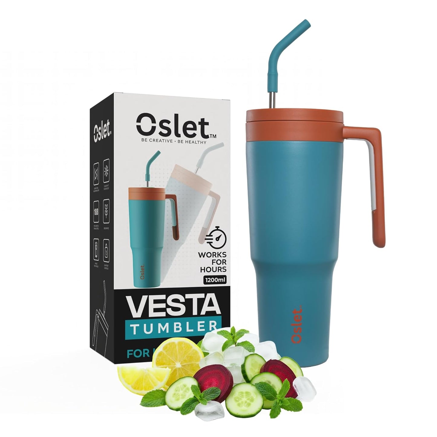 Vesta1200ml Stainless Steel Hot & Cold Tumbler | Double Insulated | BPA Free,Leak Proof | Fruit Infuser for Making Detox Water | SS Straw & Soft Handle | Use in Gym, Office & Car (Royal Green)