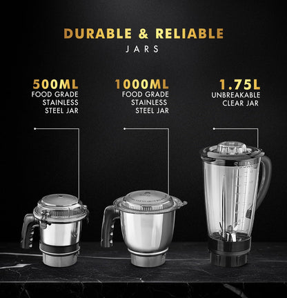 Sujata MG01 Mixer Grinder|1000 Watts Double Ball Bearing Motor|25000 RPM| Non-Stop 90 Mins Running|3 Jars including 1750ml Blender, 1000ml Grinder, 500ml Chutney Jar| (Black)