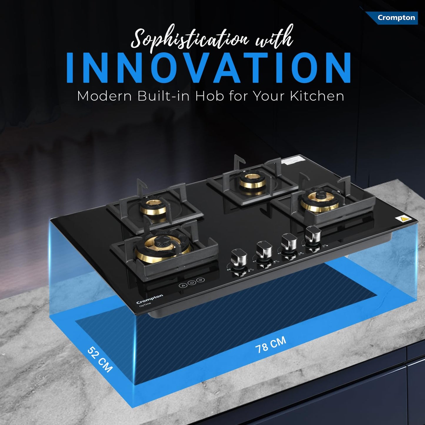 Crompton Optime 78 cm 4 Burners Built-in Glass HOB with Digital Timer, Full Brass Burners & 3D Flame Technology (HOB-OPFB784TI-MBL, Midnight Black)