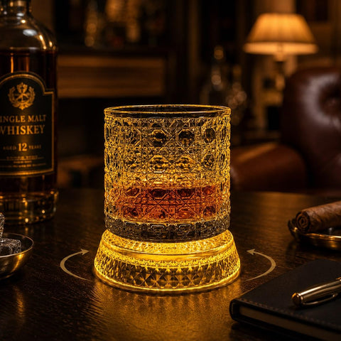IndElite Luxury Rotating Whiskey Glass Set of 1| Crystal Cut Spinning Whisky Glass with LED Light Coaster | Premium Barware Gift for Men & Whiskey Enthusiasts