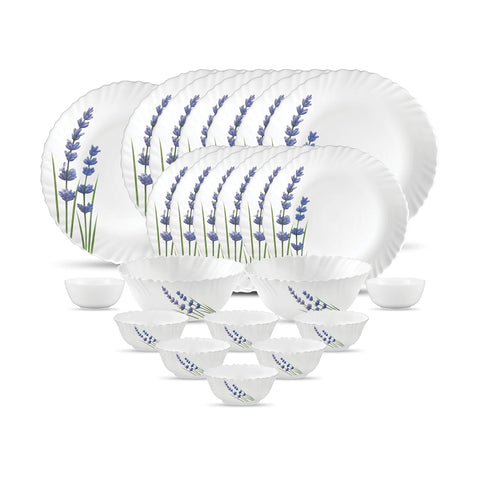 La Opala Novo Collection Opal Glass Crockery | for Family of 6 | Dinner Set 23 pcs English Lavender | Plates & Bowls for Dining | Microwave Safe | 100% Vegetarian | Extra Strong | Light & White