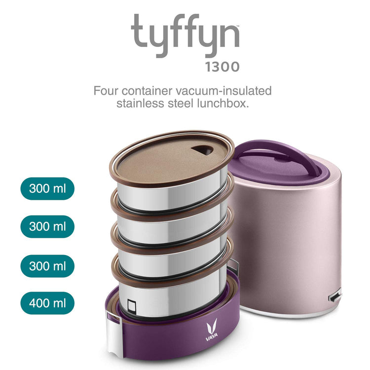 VAYA TYFFYN Jumbo Lunch Box for Office for Men,with Polished Stainless Steel Containers,1300Ml Vacuum Insulated Hot Lunch Box Without Bagmat,Leakproof Hot Tiffin Box with 4 Compartments,Purple