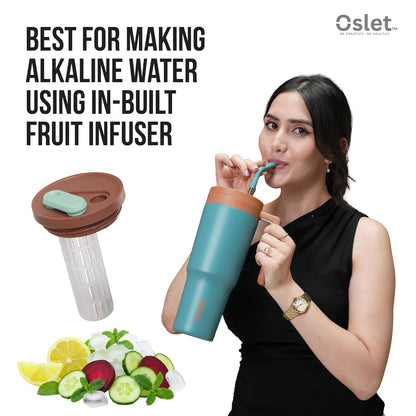Vesta1200ml Stainless Steel Hot & Cold Tumbler | Double Insulated | BPA Free,Leak Proof | Fruit Infuser for Making Detox Water | SS Straw & Soft Handle | Use in Gym, Office & Car (Royal Green)