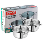 Vinod Roma Saucepot Stainless Steel Set of 2 with Glass Lid | 1.1 and 1.5 Litre | Biryani Pot | Sandwich Bottom | Rivetted Handle| Induction & Gas Base | 2 Year Warranty