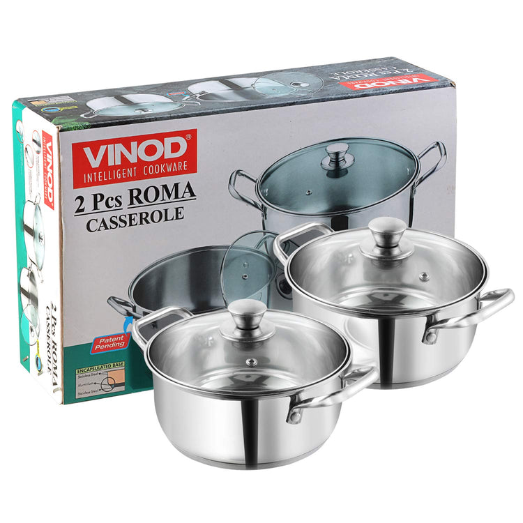 Vinod Roma Saucepot Stainless Steel Set of 2 with Glass Lid | 1.1 and 1.5 Litre | Biryani Pot | Sandwich Bottom | Rivetted Handle| Induction & Gas Base | 2 Year Warranty