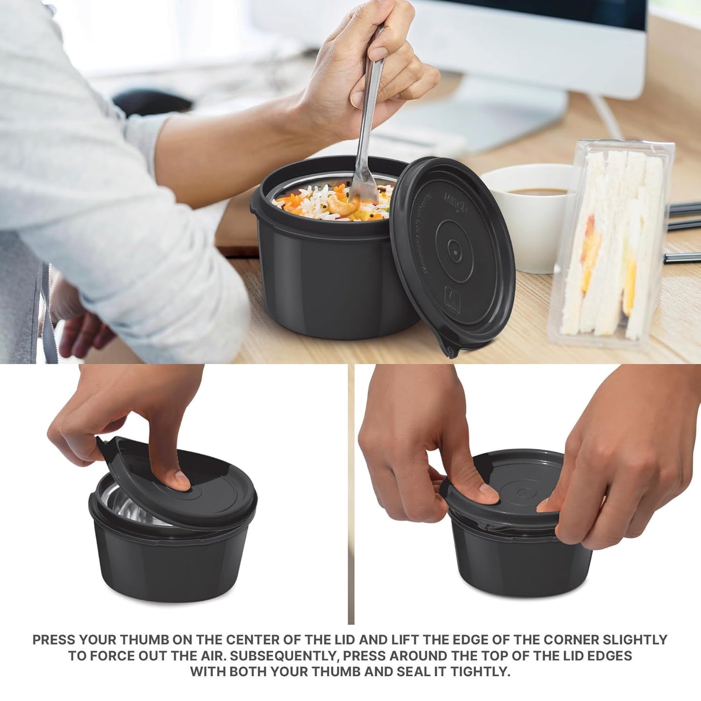 MILTON Dazzle Lunch Box, 3 Microwave Safe Inner Steel Containers 320 ml Each, Steel Bottle 430 ml with Cutlery, Tiffin Box Steel, Lunch Box Bags, Grey