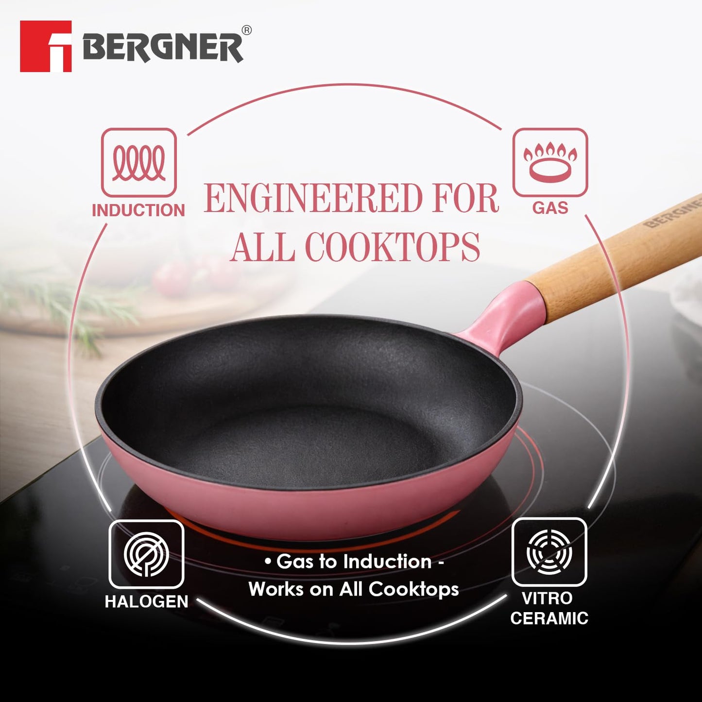 BERGNER Excalibur Lightweight Cast Iron Frypan 18cm, Sturdy Wooden Handle, Non-Stick Coating, PFAS Free, Perfect Heat Distribution, Elegant Design - Induction and Gas Stove Ready (Pink)