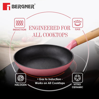 BERGNER Excalibur Lightweight Cast Iron Frypan 20cm, Sturdy Wooden Handle, Non-Stick Coating, PFAS Free, Perfect Heat Distribution, Elegant Design - Induction and Gas Stove Ready (Pink)