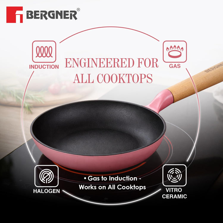 BERGNER Excalibur Lightweight Cast Iron Frypan 20cm, Sturdy Wooden Handle, Non-Stick Coating, PFAS Free, Perfect Heat Distribution, Elegant Design - Induction and Gas Stove Ready (Pink)