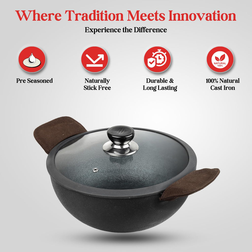 Vinod Legacy Cast Iron Kadai with Glass Lid 2.4L (22 cm) | Pre-Seasoned & Stick-Free | Ideal for Sabzi, Frying & Curries | 100% Pure & Toxin-Free | Safety Sleeve | Rust Resistant