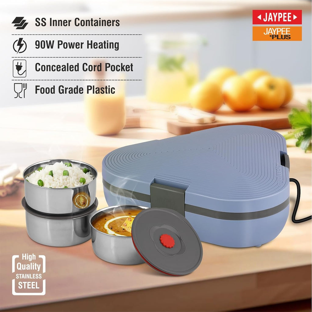 Jaypee Plus Tripot Electric Lunch Box with 3 Removable Stainless Steel Containers 250 ml x3 with Power Cord |Air Vent on Lid |Leakproof Silicon Seal|LED Indicator |Shockproof | Blue