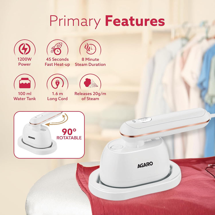 AGARO Regal Mini Garment Steamer, 1200 Watts, Wrinkle Remover, Fast Heating, Scratch Resistant Titanium Coated Plate, 2In1 Horizontal Vertical Use