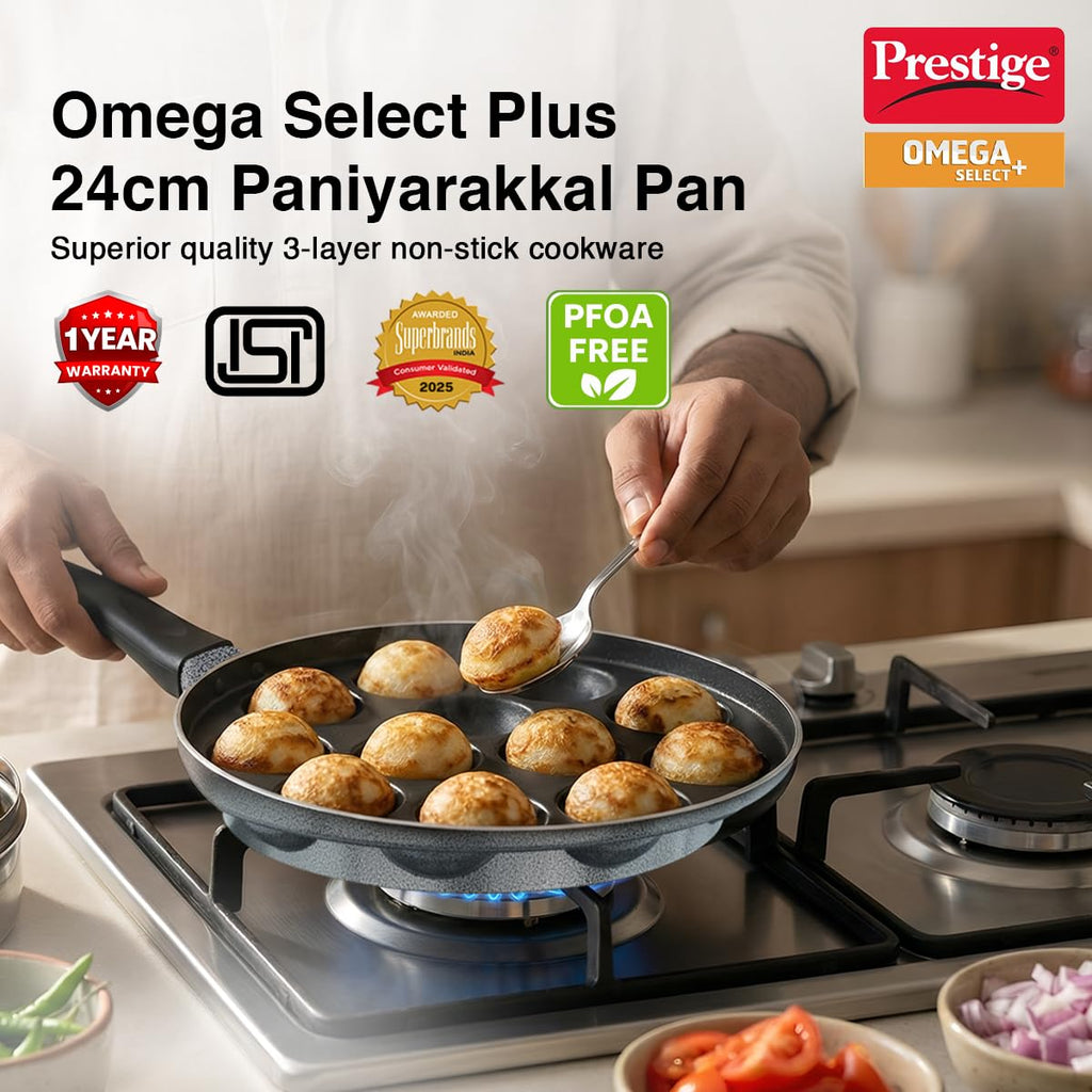 Prestige Non-Stick 12 Pits Paniyarakkal 24cm with Glass Lid | Appe Patra | Appe Maker | Omega Select Plus | PFOA Free | Metal Spoon Friendly | Sturdy Handle | 1Y Warranty | ISI Certified