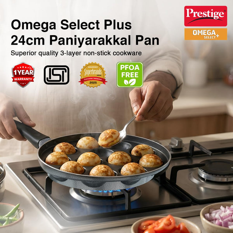 Prestige Non-Stick 12 Pits Paniyarakkal 24cm with Glass Lid | Appe Patra | Appe Maker | Omega Select Plus | PFOA Free | Metal Spoon Friendly | Sturdy Handle | 1Y Warranty | ISI Certified