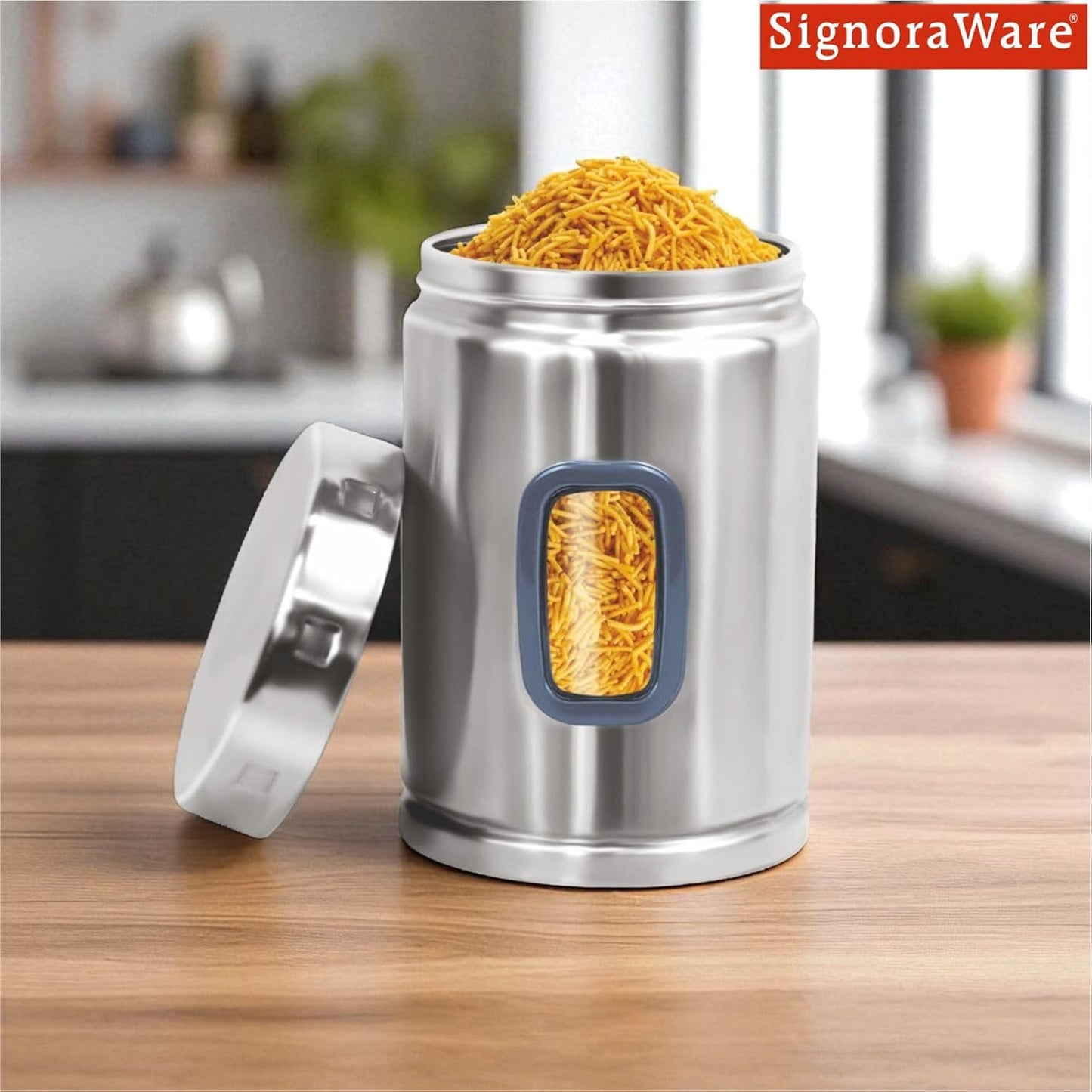 Signoraware 1650ML Modular Stainless Steel Deluxe Window Round Container | Airtight & Leakproof | Durable | Kitchen & Pantry Storage | Space Saving | Ideal for Dry Fruits & Snacks Storage (Steel)