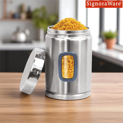 Signoraware 1650ML Modular Stainless Steel Deluxe Window Round Container | Airtight & Leakproof | Durable | Kitchen & Pantry Storage | Space Saving | Ideal for Dry Fruits & Snacks Storage (Steel)