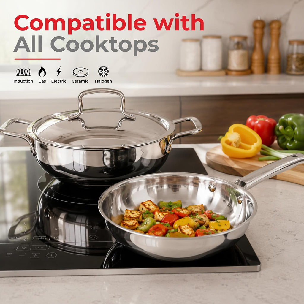 Vinod Grandior Triply Stainless Steel Cookware Set of 3 Pcs | 2.3 L Kadai (22 cm), 1.5 L Frypan (22 cm) with Common Lid | Event Heating, Less Oil Healthy Cooking, Induction & Gas Compatible