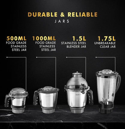 Sujata MG03 Mixer Grinder|1000 Watts Double Ball Bearing Motor|25000 RPM|Non-Stop 90 Mins Running|4 Jars including 1750ml Blender with Coconut Milk Extractor, 1500ml, 1000ml, 500ml Jar| (Black)