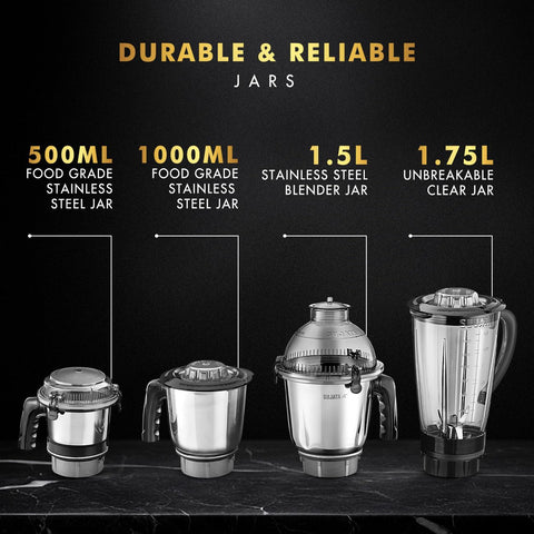 Sujata MG03 Mixer Grinder|1000 Watts Double Ball Bearing Motor|25000 RPM|Non-Stop 90 Mins Running|4 Jars including 1750ml Blender with Coconut Milk Extractor, 1500ml, 1000ml, 500ml Jar| (Black)