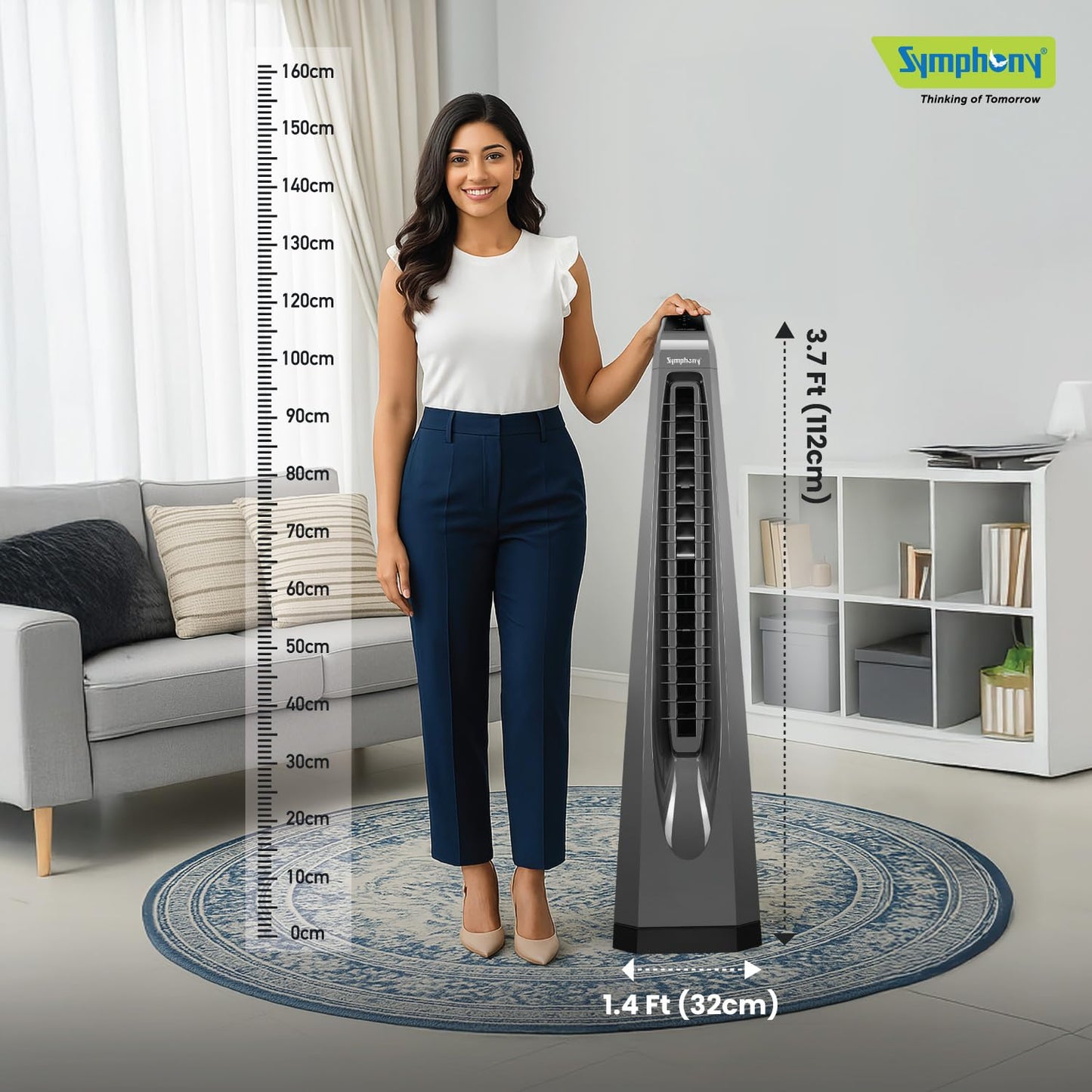 Symphony Surround-i Bladeless Tower Fan for Room | High-Speed with Swivel Action, Touchscreen Control Panel & Remote | 1 Year Warranty | Grey