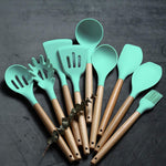 12 Pcs Silicone Kitchen Tool Set with Wooden Handles | Non Stick Cookware Safe Cooking Utensils with Storage Holder | Kitchen Accessories Set for Cooking & Baking (Green)