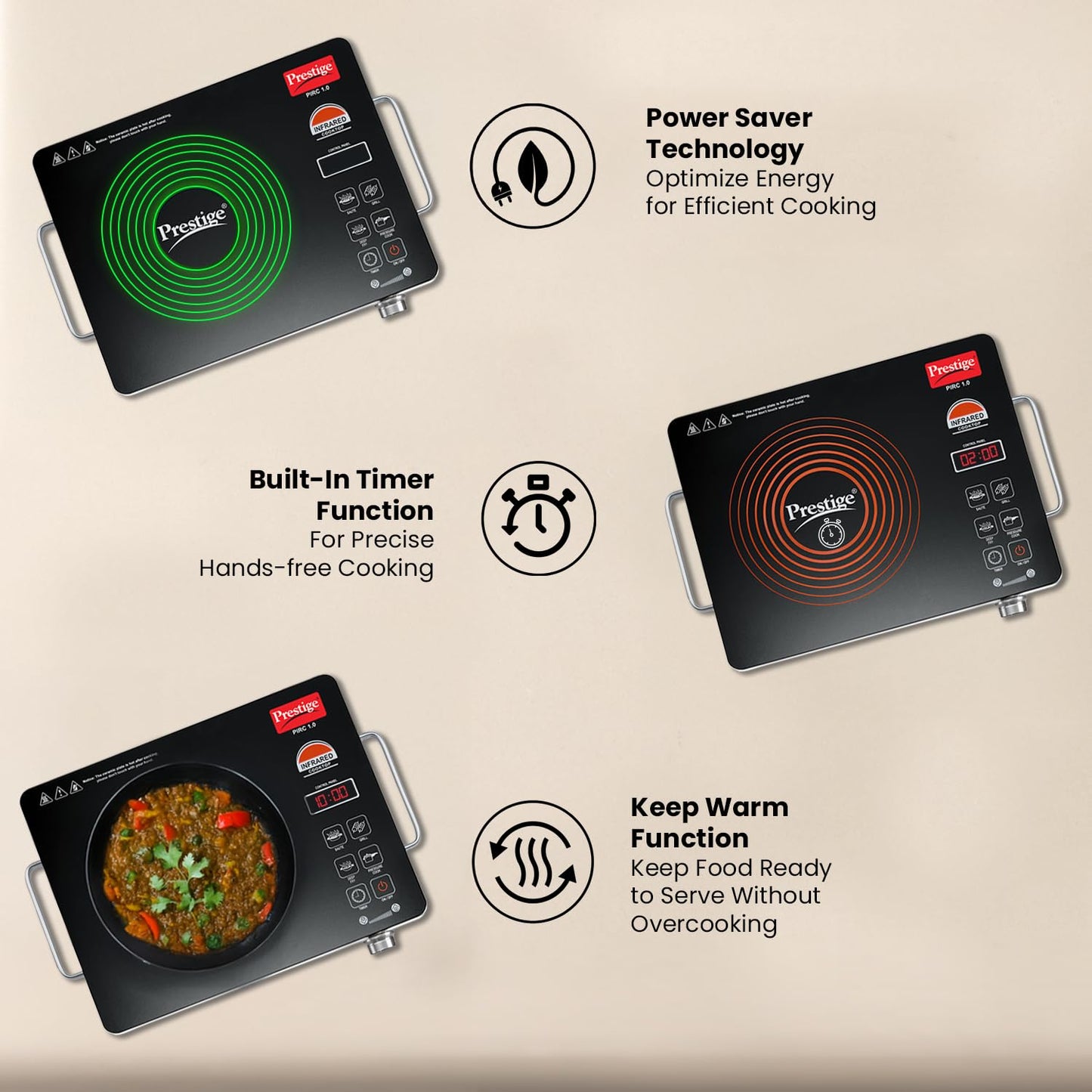 Prestige PIRC 1.0 2200 Watts Infrared Cooktop | Preset Indian Menu Options & Timer | Compatible With Any Metal Cookware With Flat Bottom | Easy to clean | Portable | Black | 1Y Warranty | BIS