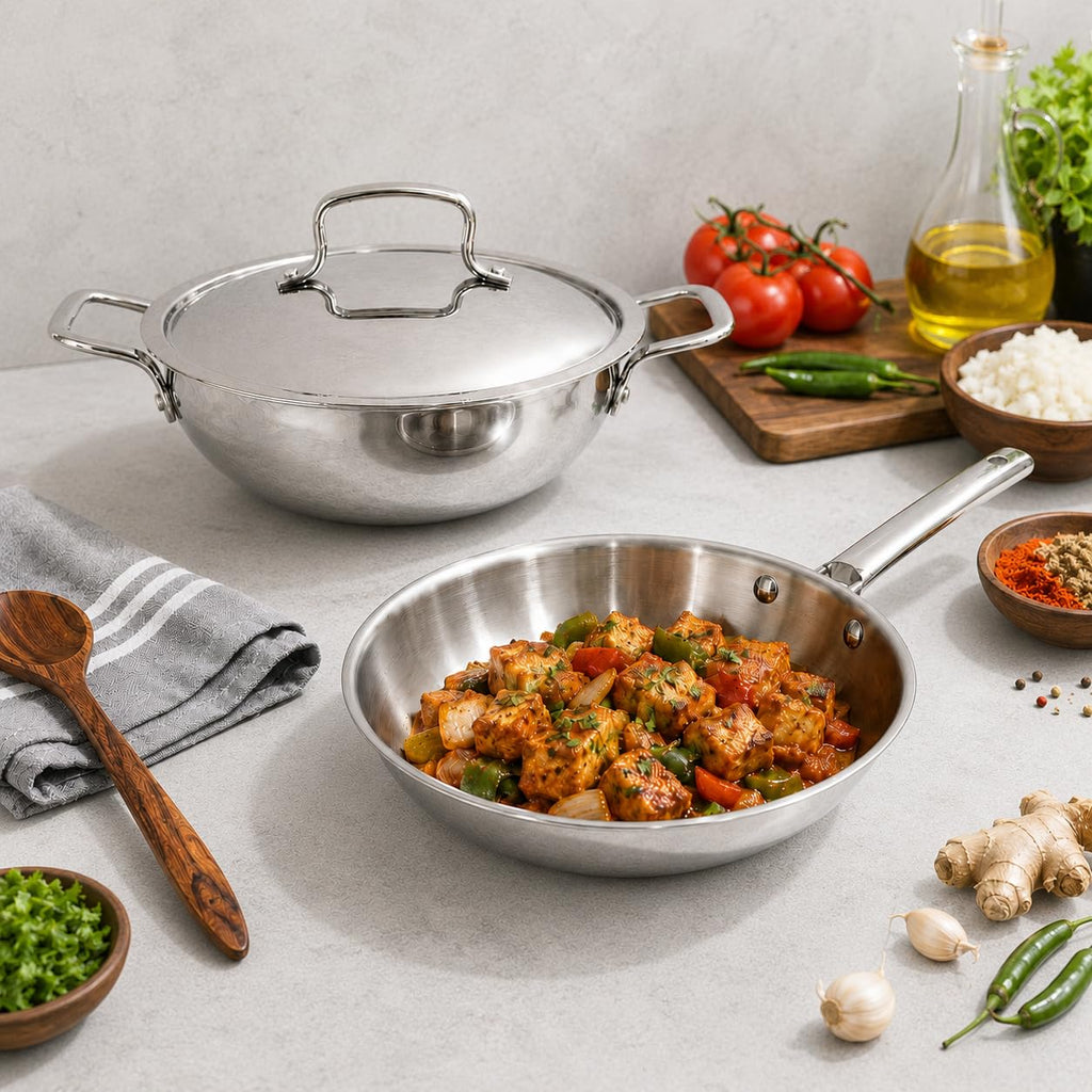 Vinod Grandior Triply Stainless Steel Cookware Set of 3 Pcs | 2.3 L Kadai (22 cm), 1.5 L Frypan (22 cm) with Common Lid | Event Heating, Less Oil Healthy Cooking, Induction & Gas Compatible