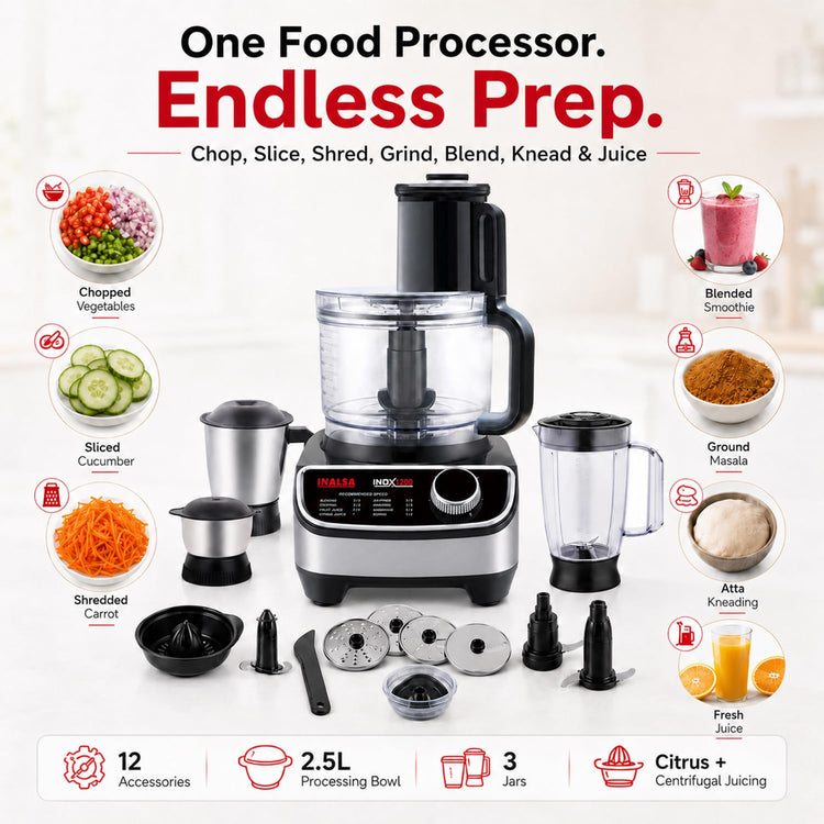 INALSA food processor for kitchen with Mixer Grinder Juicer|1200 Watt Copper Motor|3 Jars|2.5 L Processing Jar|Chopping & Kneading Blade|Centrifugal/Citrus Juicer|Shredding|Slicing-INOX 1200
