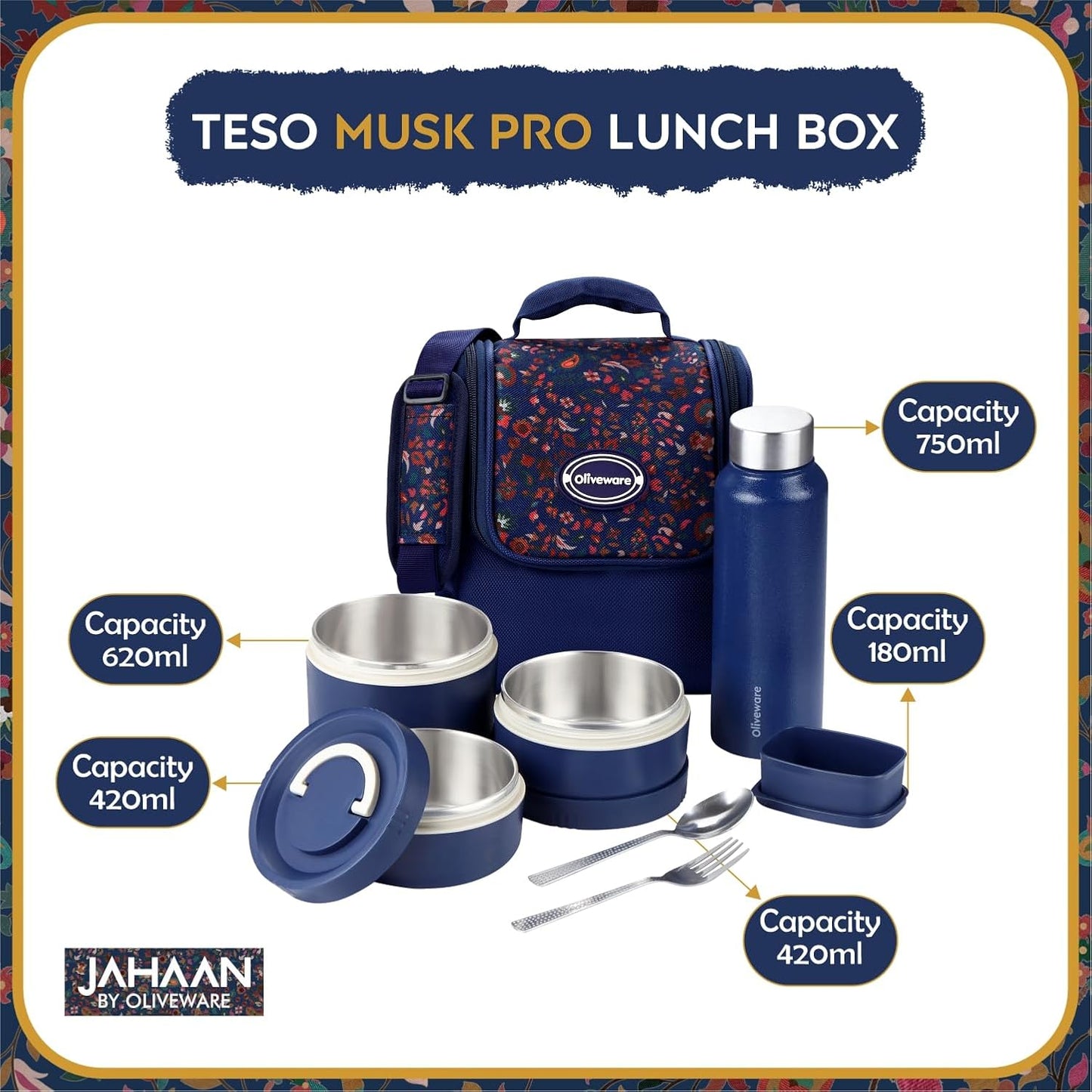 Oliveware TESO Musk Lunch Box | 3 Microwave-Safe Containers (2×420ml, 1×620ml) + 750ml Steel Bottle + 130ml Pickle Box + Steel Cutlery | Premium Carry Bag | Freezer & Dishwasher Safe (Blue)