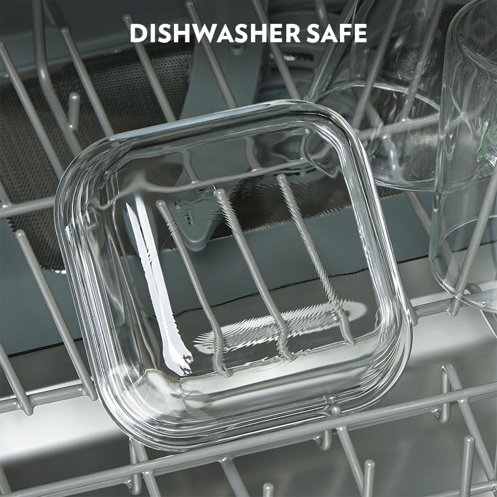 Borosil Eateasy Daisy Borosilicate Glass Lunchbox with Bag | Set of 4 (320ml x 2 Square + 240ml x 2 Round) | Microwave & Dishwasher Safe, Leakproof | Tiffin for Office, School | Transparent