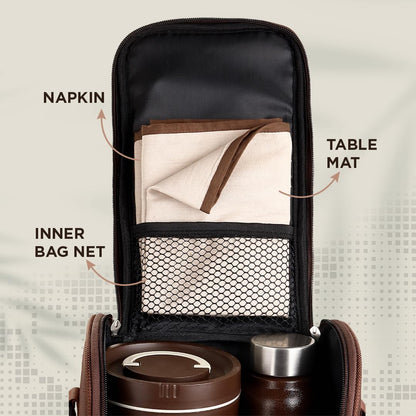 Oliveware TESO Musk Lunch Box | 3 Microwave-Safe Containers (2×420ml, 1×620ml) + 750ml Steel Bottle + 130ml Pickle Box + Steel Cutlery | Premium Carry Bag | Freezer & Dishwasher Safe (Brown)