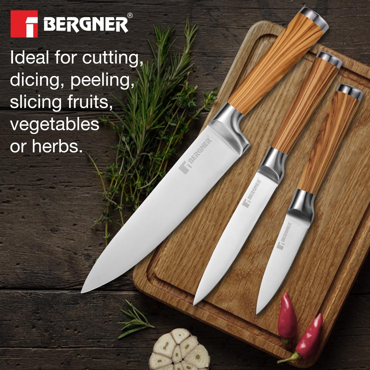 BERGNER Olive Garden Stainless Steel 3 Pcs Knife Set, Kitchen Knife Set of 20cm, 12.5cm and 8.75cm, Durable, Rust Resistant, Soft Touch Wooden Coated Handle, Ideal for Cutting, Dicing, Slicing etc