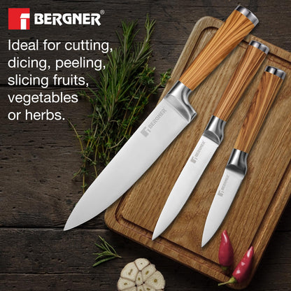 BERGNER Olive Garden Stainless Steel 3 Pcs Knife Set, Kitchen Knife Set of 20cm, 12.5cm and 8.75cm, Durable, Rust Resistant, Soft Touch Wooden Coated Handle, Ideal for Cutting, Dicing, Slicing etc