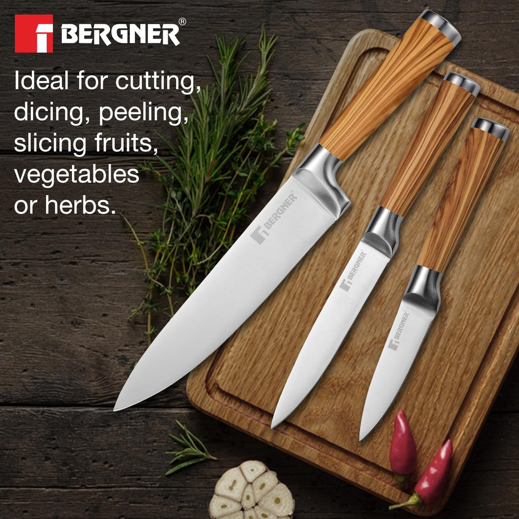 BERGNER Olive Garden Stainless Steel 3 Pcs Knife Set, Kitchen Knife Set of 20cm, 12.5cm and 8.75cm, Durable, Rust Resistant, Soft Touch Wooden Coated Handle, Ideal for Cutting, Dicing, Slicing etc