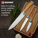 BERGNER Olive Garden Stainless Steel 3 Pcs Knife Set, Kitchen Knife Set of 20cm, 12.5cm and 8.75cm, Durable, Rust Resistant, Soft Touch Wooden Coated Handle, Ideal for Cutting, Dicing, Slicing etc