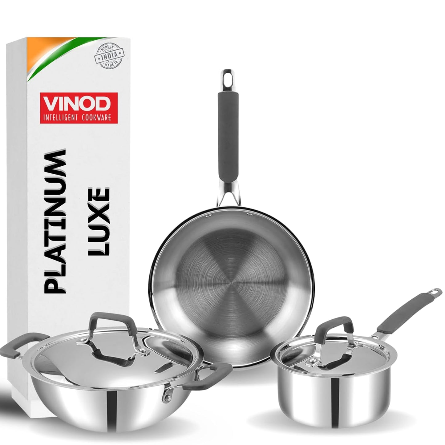 Vinod Platinum Luxe Triply Stainless Steel Cookware Set 5 Pc - Superior Finish, Cool Grip Handles, Mastercrafted Durability | 100% Safe, Non-Toxic, Nickel-Free | Frypan + Kadai & Saucepan with 2 Lids