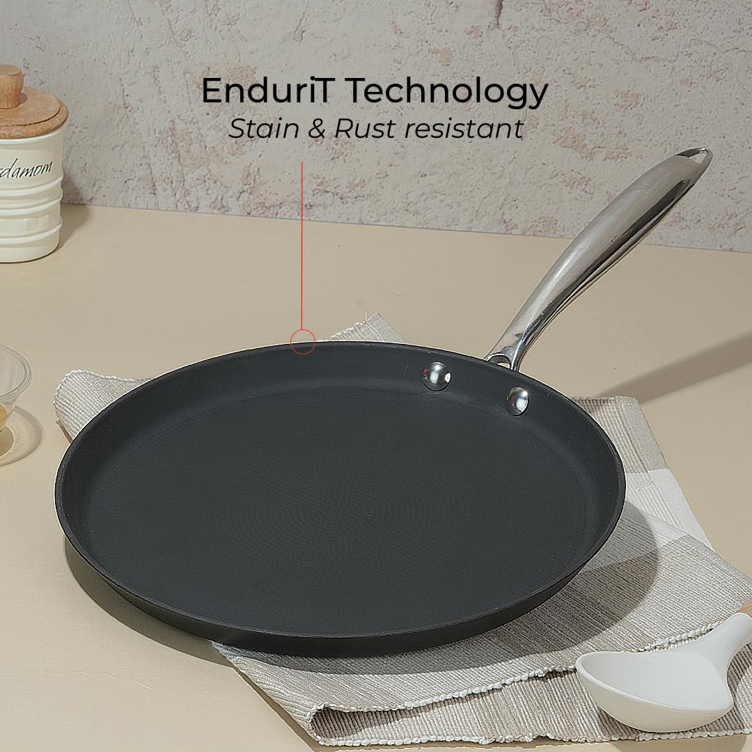 Vinod Ferona Lightweight Cast Iron Dosa Tawa - 27 cm | No Seasoning Required | Naturally Stick-Free | Steel Riveted Handle | Metal Spoon Safe | Gas, Induction Base | PTFE & PFOA Free | 2-Year Warranty