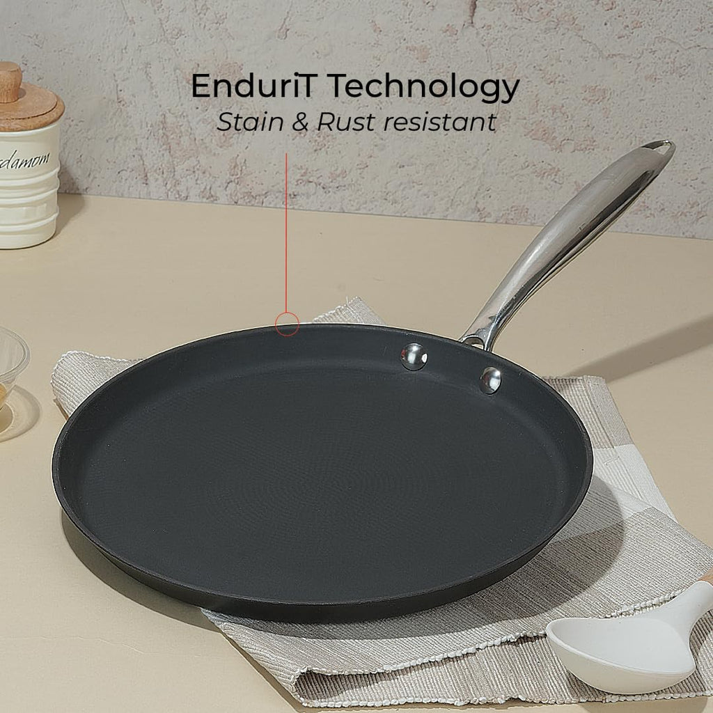 Vinod Ferona Lightweight Cast Iron Dosa Tawa - 27 cm | No Seasoning Required | Naturally Stick-Free | Steel Riveted Handle | Metal Spoon Safe | Gas, Induction Base | PTFE & PFOA Free | 2-Year Warranty