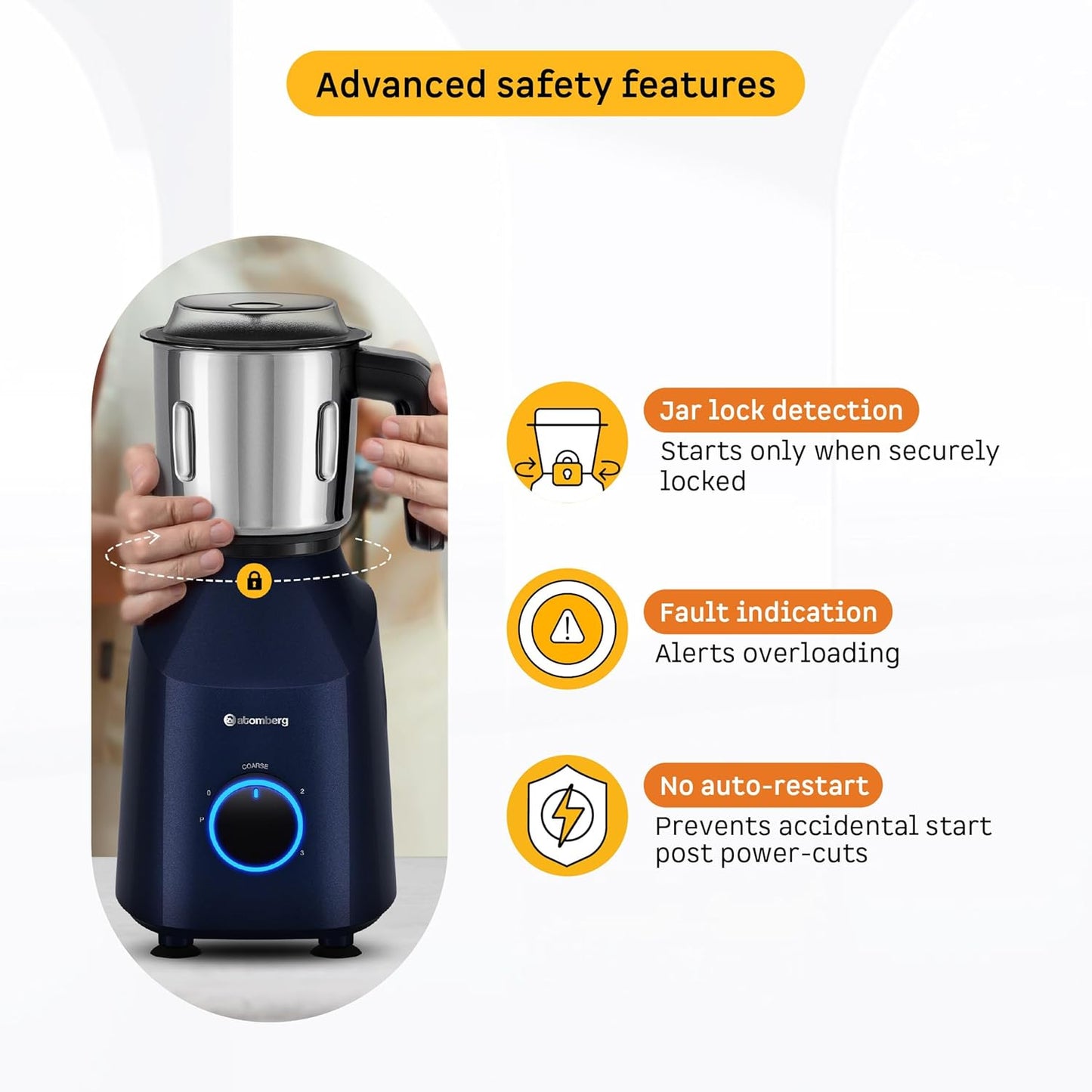 Atomberg Yulia 750 Watt Mixer Grinder | 4 Multipurpose Jars including Chopper Jar | Coarse Mode for Silbatta-like Textures | Powerful Intelligent Motor | Advanced Safety Features | Ritz Blue