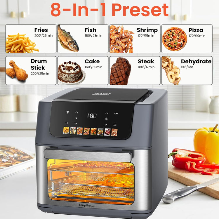 INALSA Air Fryer Oven 2100 W|18 L Capacity|8 Preset Functions with Roast,Reheat,Dehydrate,Bake|LED Touch Display|Rotisserie & Convection|10 Accessories|2 Yr Warranty|Recipe Book, Aero Crisp Pro18 Grey