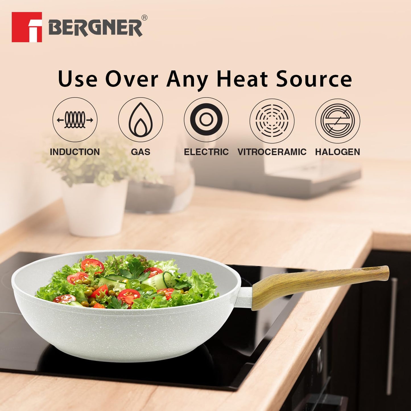 BERGNER Naturally Forged Aluminum 28cm (3 L) Wok, Marble Non-Stick Coating, Less Oil Use, Scratch Resistant and Durable, Soft Touch Handle, Easy to Clean - Induction Bottom, Free Non-Woven Trivet
