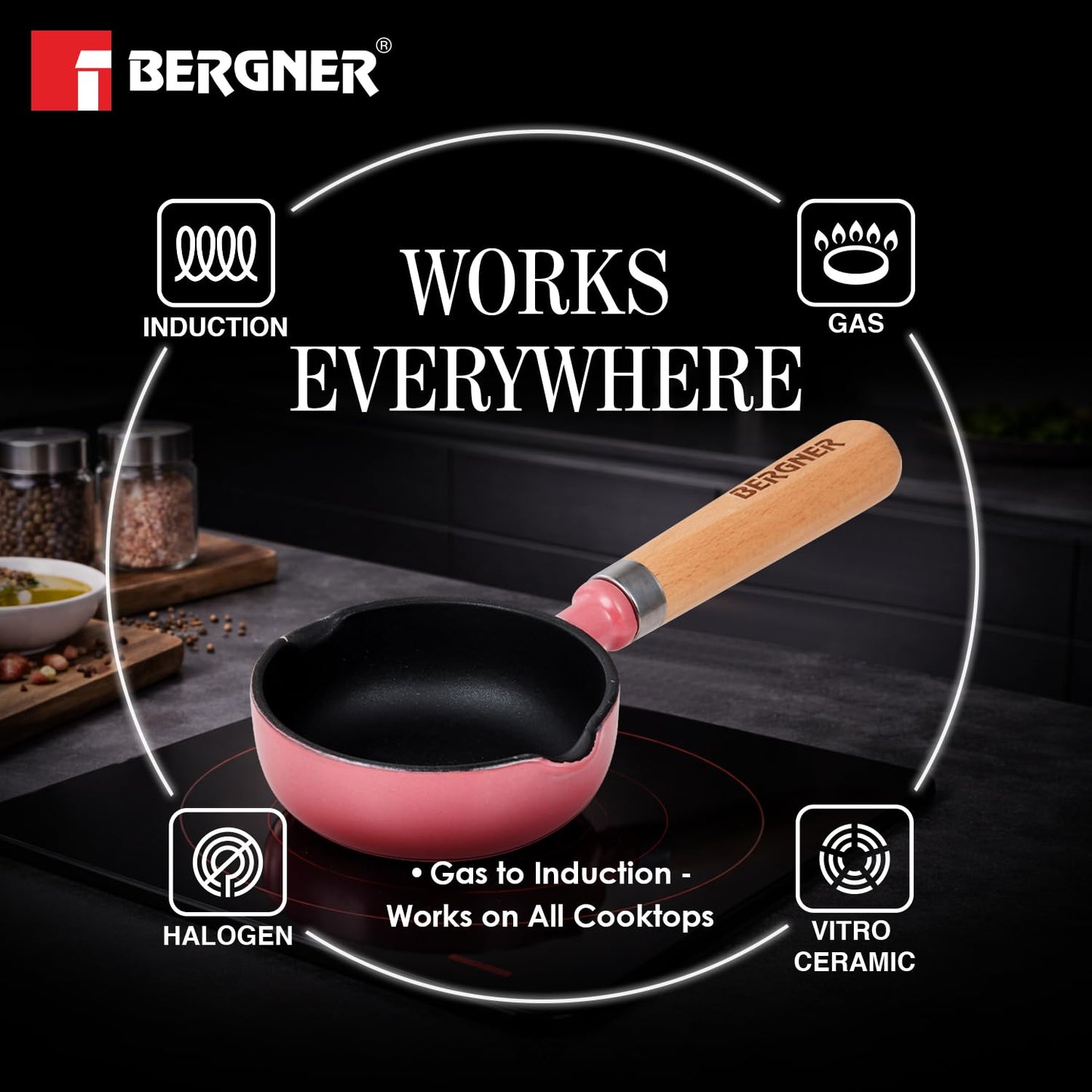 BERGNER Excalibur Lightweight Cast Iron Tadka Pan with Lid 12cm, Non-Stick Vaghar Pan, PFAS Free, Perfect Heat Distribution, Elegant Design, Silicone Grips - Induction and Gas Stove Ready (Pink)