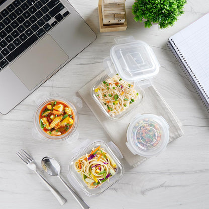 Borosil Glass Daisy Microwave Safe Office Tiffin Lunch Box (Blue, 2 pcs 320 ml Square, 2pcs 240 ml Round) -Set of 4