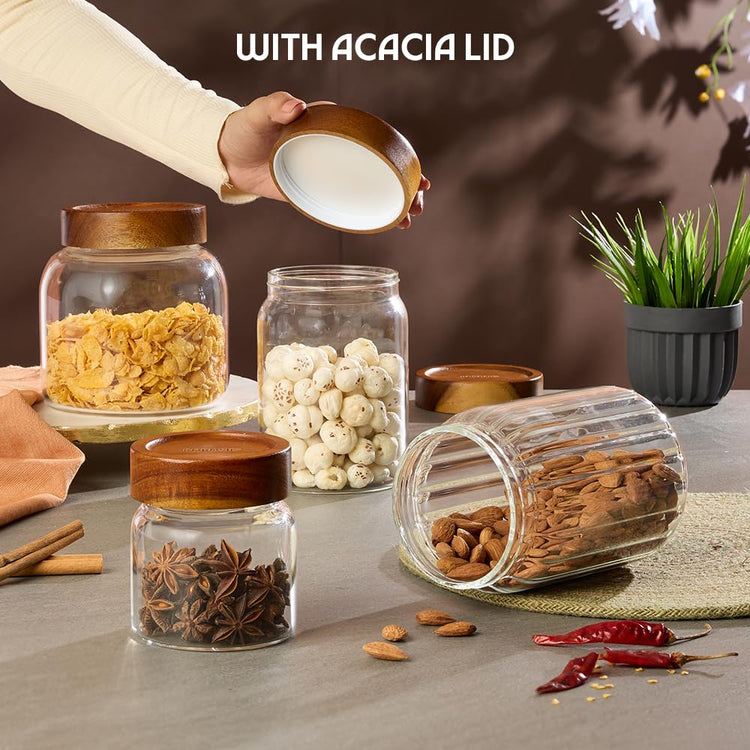 Borosil Glass Jar with Acacia Wood Lid | Borosilicate Glass Storage Jar for Dry Fruits, Spices & Snacks | Airtight Glass Container for Kitchen & Pantry (Tallwood, 600 ml)