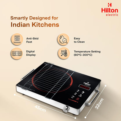 Hilton Electric Premium 2200-watt Radiant Infrared Cooktop with Free Stainless Steel Grill for barbecue |3 Preset Functions | Digital Display |Timer Control | Over Heating Protection(1 Year Warranty)
